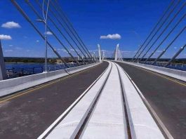 Looking along the bridge from the railway track