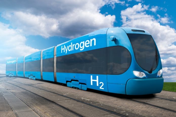 Image of a blue hydrogen train